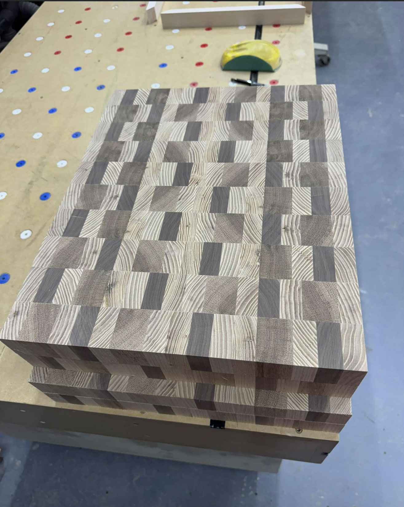 End-grain cutting board in workshop